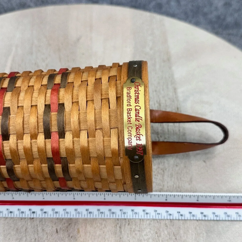 Bradford Basket Company 1997 Christmas Candle Basket Woven Wood Leather Handle